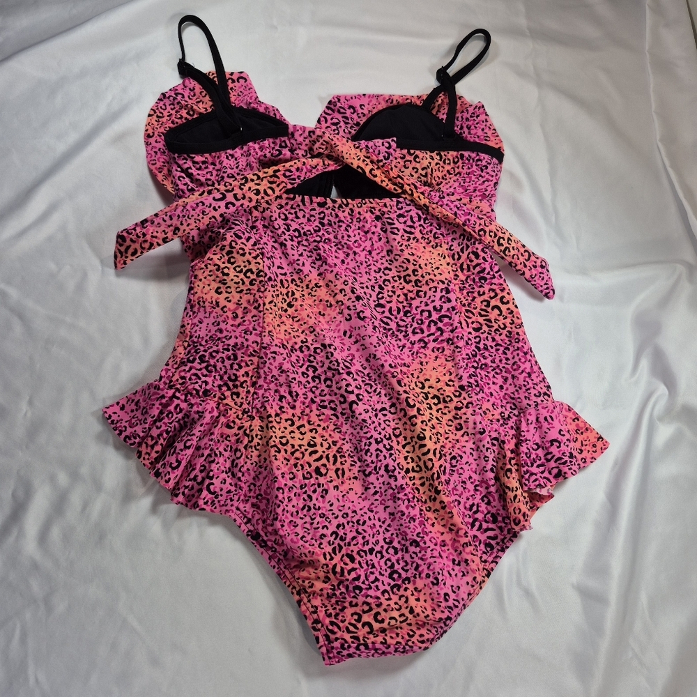 Coco Rave Neon Pink & Orange Leopard Ruffle One Piece Swimsuit XS/S - Picture 6 of 10